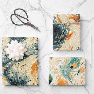 Abstract Blue Orange Cream Peacock Wrapping Paper Sheet
