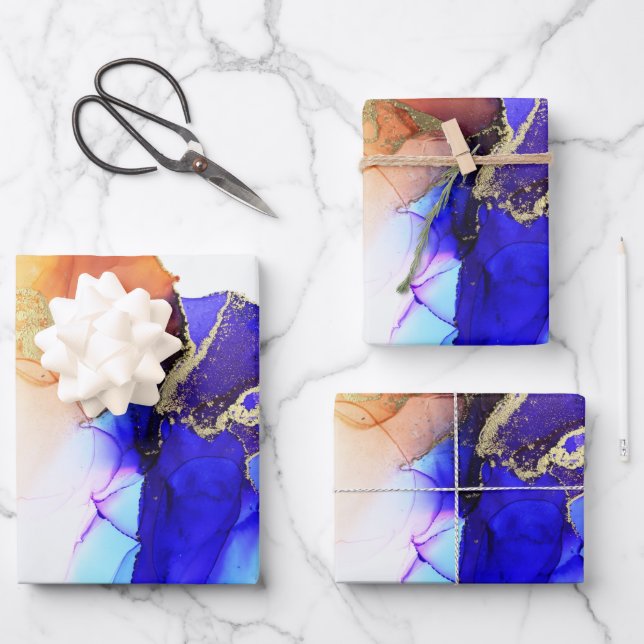 Abstract Blue Orange Gold Alcohol Ink Wrapping Paper Sheet (Front)