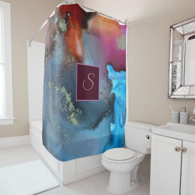 Abstract Blue Orange Red Waves Monogram Shower Curtain (In Situ)