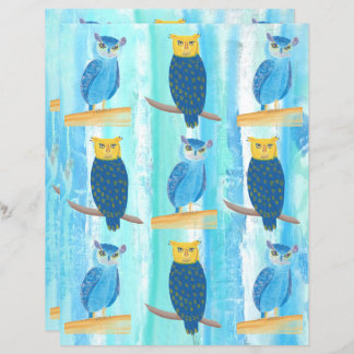 Abstract Blue Owls Turquoise Trees Scrapbook Paper