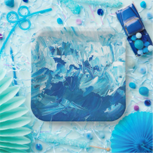 Abstract Blue Paint Waves Paper Plate