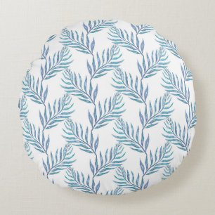 Abstract blue palm leaves round cushion