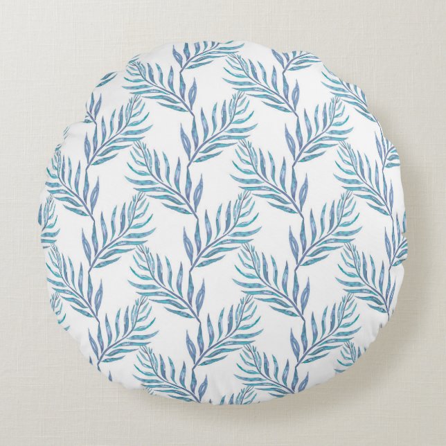 Abstract blue palm leaves round cushion (Front)