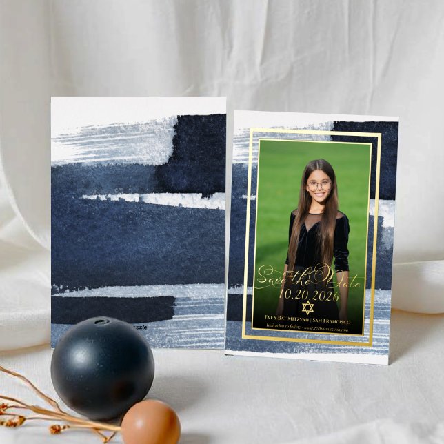 Abstract Blue Photo Bat Mitzvah Save the Date Real (Creator Uploaded)