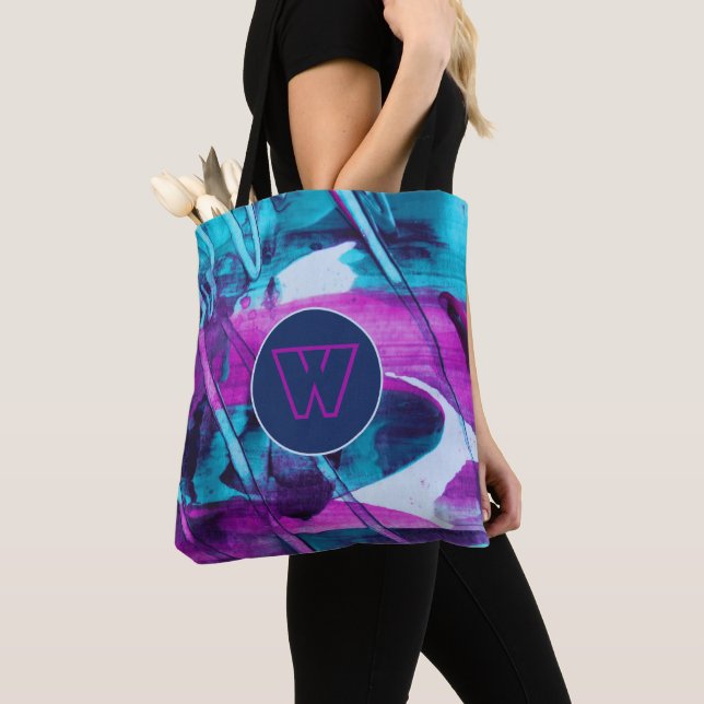  Abstract Blue Pink Brush Strokes Monogram Tote Bag (Close Up)