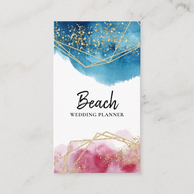 *~* Abstract Blue Pink Gold Glitter Polygons Beach Business Card (Front)