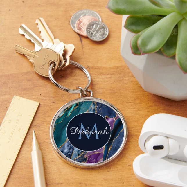 Abstract Blue Purple Gold Agate Monogram Key Ring (Desk)
