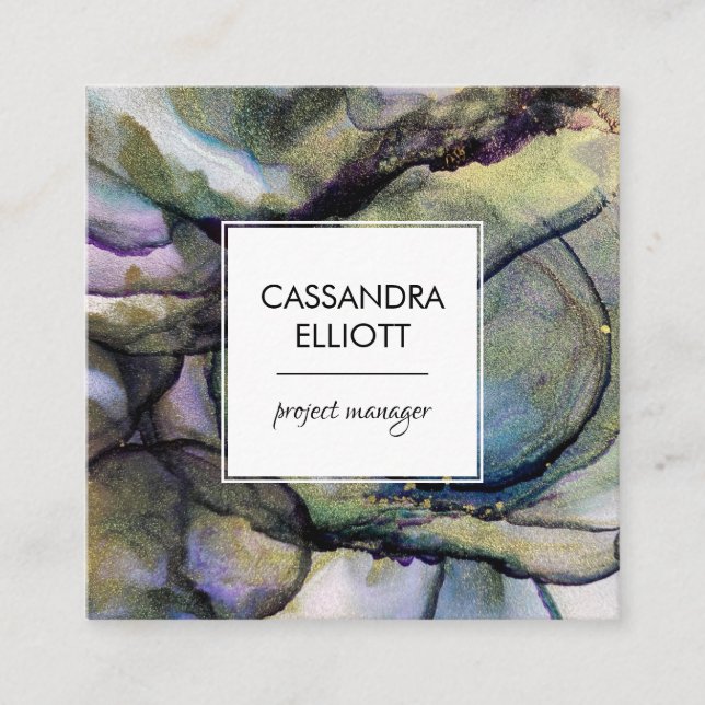 Abstract Blue Purple & Gold Alcohol Ink Liquid Art Square Business Card (Front)