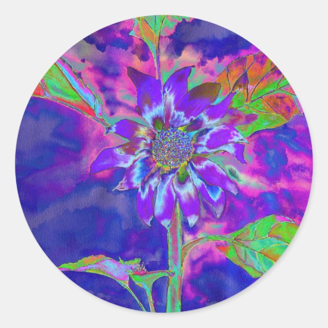 Abstract blue purple sunflower | retro funky  classic round sticker (Front)