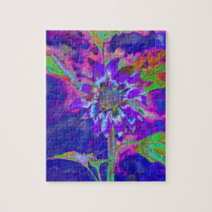 Abstract blue purple sunflower   retro funky  jigsaw puzzle