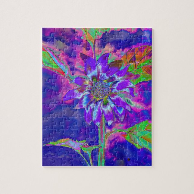 Abstract blue purple sunflower | retro funky  jigsaw puzzle (Vertical)