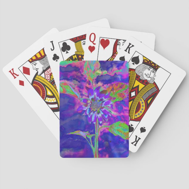 Abstract blue purple sunflower | retro funky  playing cards (Back)