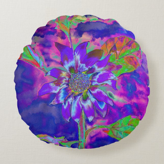 Abstract blue purple sunflower | retro funky  round cushion (Front)