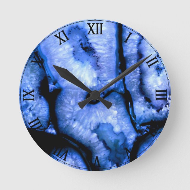 Abstract Blue Quartz Agate Geodes Round Clock (Front)