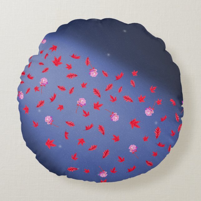 Abstract blue red moonlight autumn leaves roses  round cushion (Front)