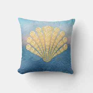 Abstract Blue Sea Gold Diamond Seashell Cushion