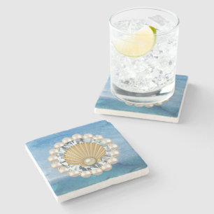 Abstract Blue Sea Golden Pearl Seashell Jewel Stone Coaster