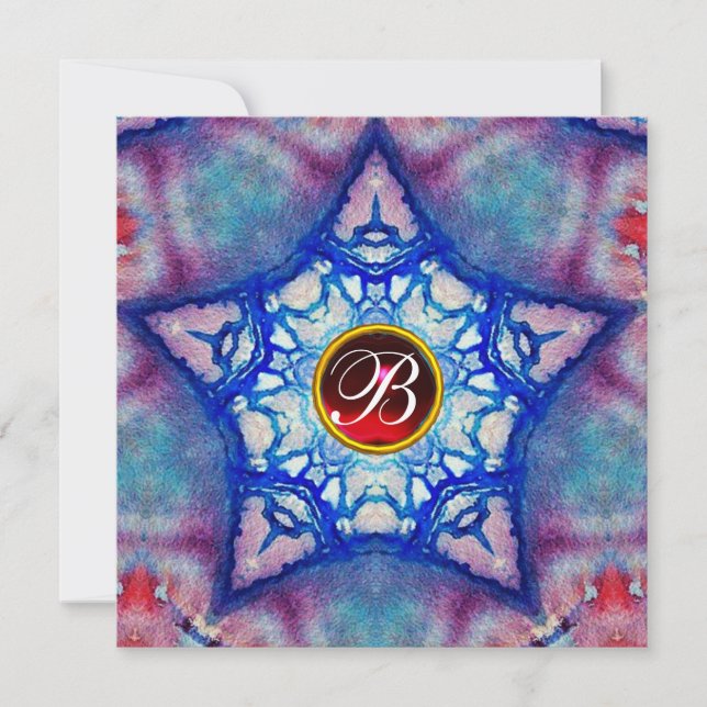 ABSTRACT BLUE STAR RED RUBY GEM STONE  MONOGRAM INVITATION (Front)