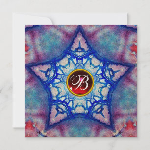ABSTRACT BLUE STAR RED RUBY GEM STONE MONOGRAM INVITATION