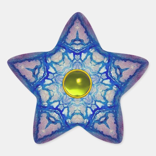 ABSTRACT BLUE STAR WITH YELLOW TOPAZ GEM STONE STAR STICKER (Front)