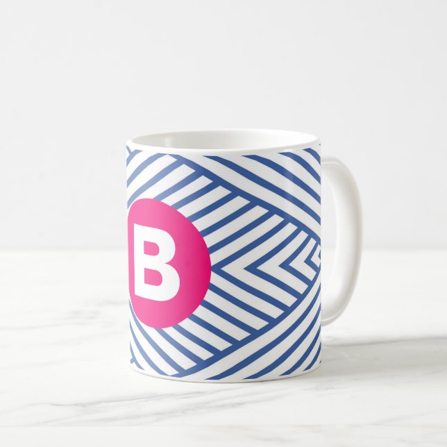 Abstract Blue Stripey Pattern Pink Monogram Coffee Mug (Front Right)