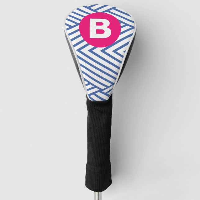 Abstract Blue Stripey Pattern Pink Monogram Golf Head Cover (Front)