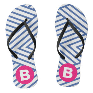 Abstract Blue Stripey Pattern Pink Monogram Thongs