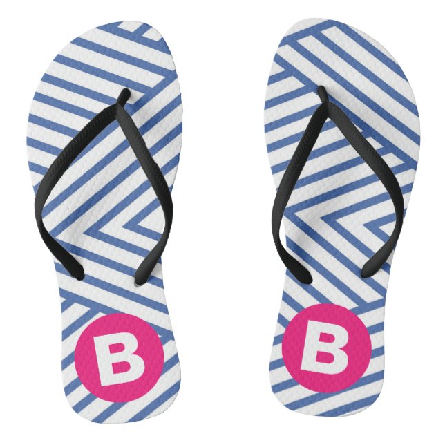 Abstract Blue Stripey Pattern Pink Monogram Thongs (Footbed)
