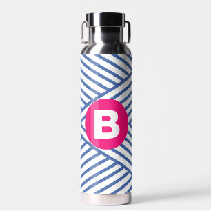 Abstract Blue Stripey Pattern Pink Monogram Water Bottle