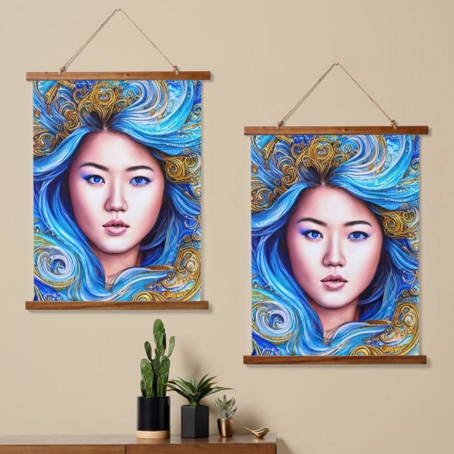 Abstract Blue Surrealism Fantasy Woman Portrait  Hanging Tapestry (Asymmetrical)