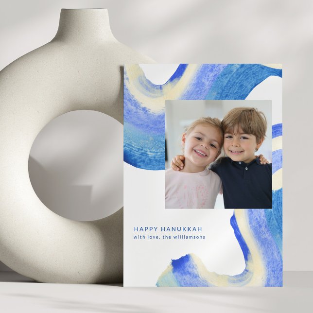 Abstract Blue Swirl Two Photo Happy Hanukkah  Holiday Card (Creator Uploaded)