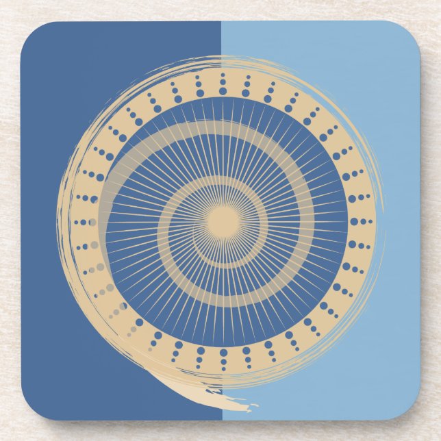 Abstract Blue & Tan Spiral Sun Circle Design Coaster (Front)