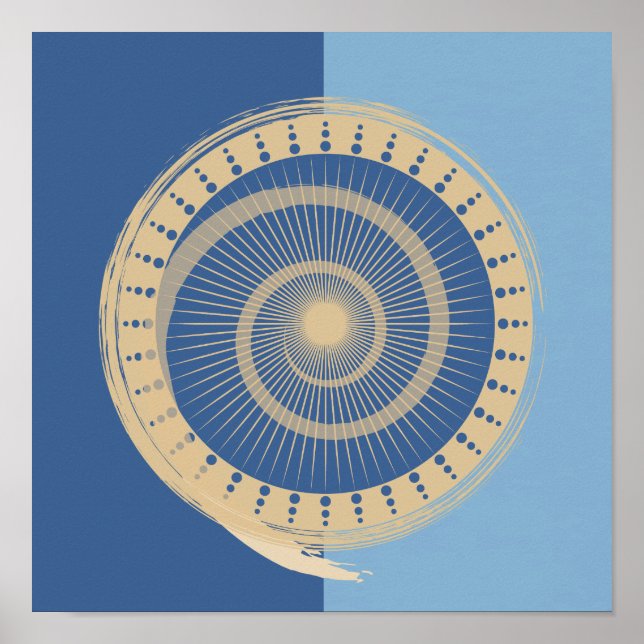 Abstract Blue & Tan Spiral Sun Circle Design Print (Front)