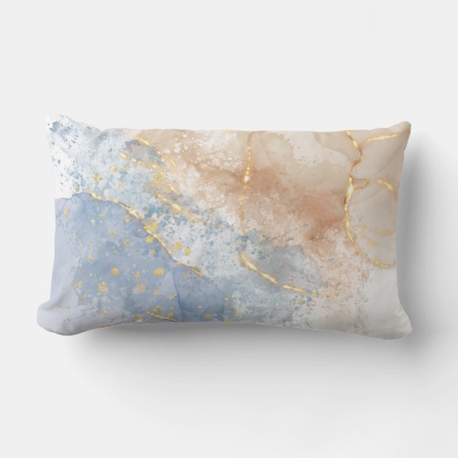 Abstract Blue, Taupe and Gold Lumbar Cushion (Front)