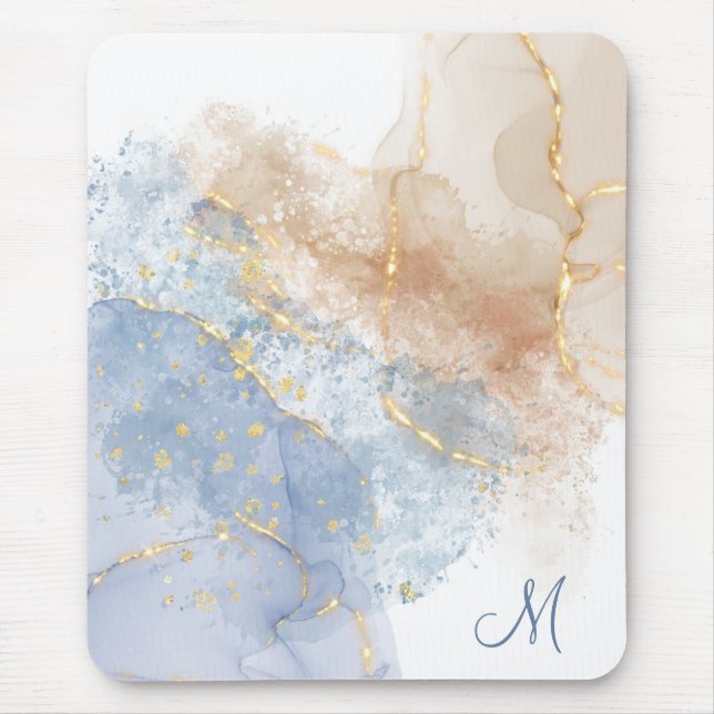 Abstract Blue, Taupe and Gold Mouse Pad (Front)