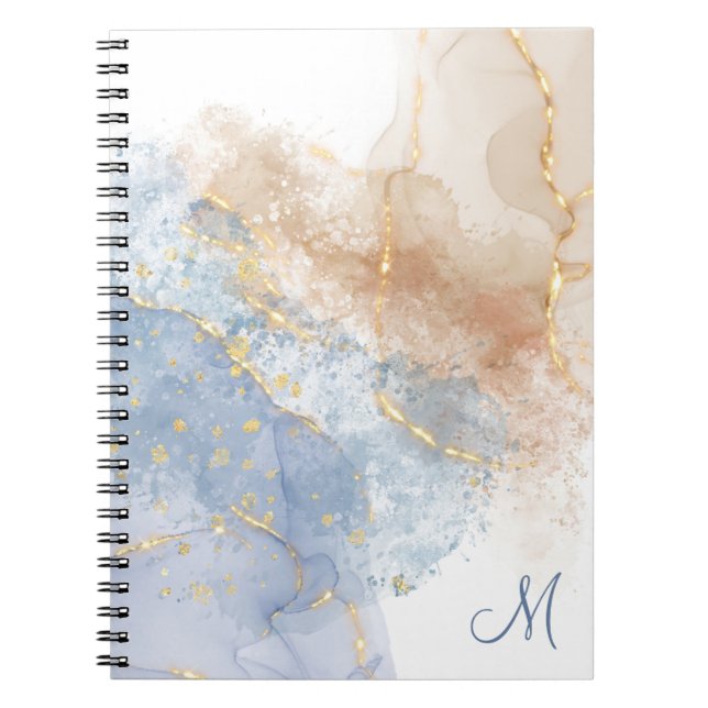 Abstract Blue, Taupe and Gold Spiral Photo Notebook (Front)