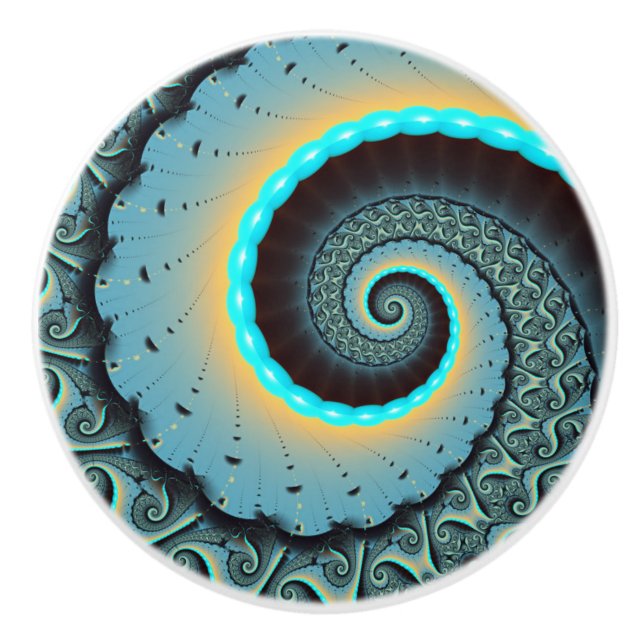 Abstract Blue Turquoise Orange Fractal Art Spiral Ceramic Knob (Front)