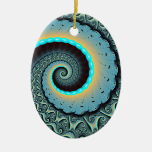 Abstract Blue Turquoise Orange Fractal Art Spiral Ceramic Ornament