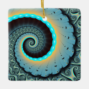 Abstract Blue Turquoise Orange Fractal Art Spiral Ceramic Ornament