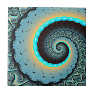 Abstract Blue Turquoise Orange Fractal Art Spiral Ceramic Tile