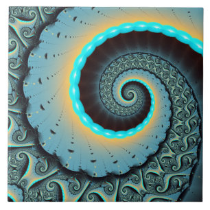 Abstract Blue Turquoise Orange Fractal Art Spiral Ceramic Tile