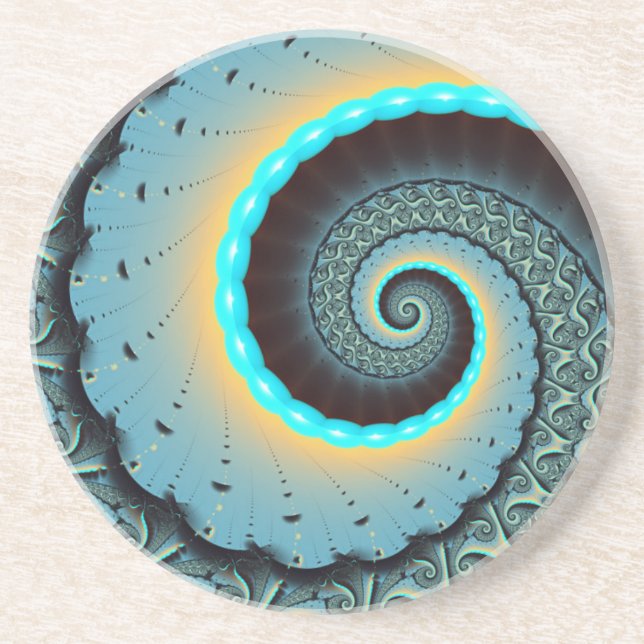 Abstract Blue Turquoise Orange Fractal Art Spiral Coaster (Front)