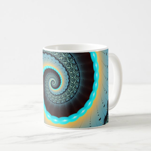 Abstract Blue Turquoise Orange Fractal Art Spiral Coffee Mug (Front Right)