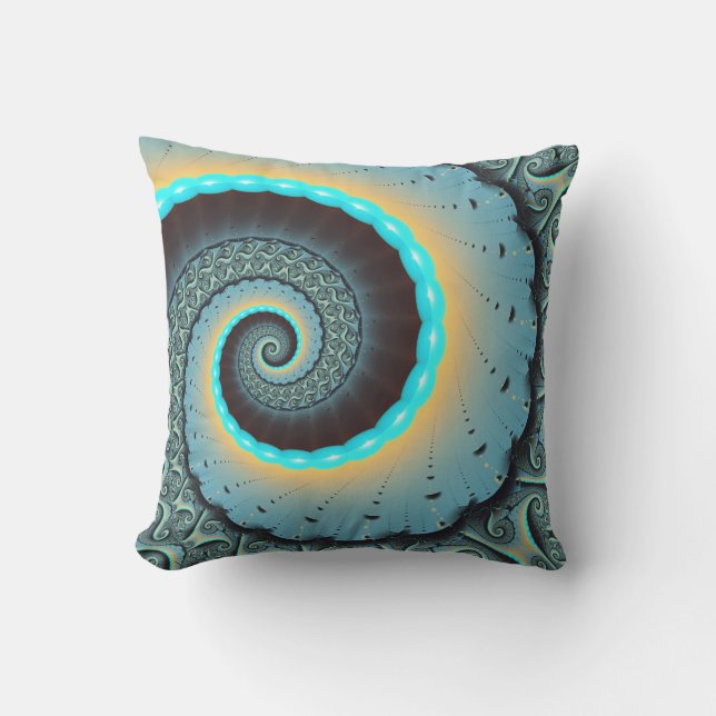 Abstract Blue Turquoise Orange Fractal Art Spiral Cushion (Front)
