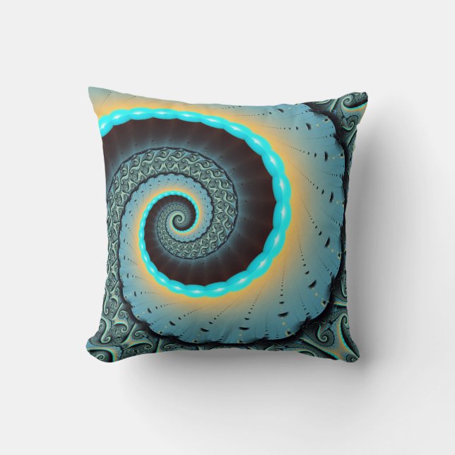 Abstract Blue Turquoise Orange Fractal Art Spiral Cushion (Front)