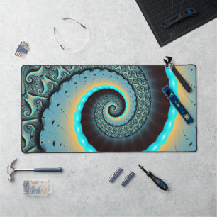 Abstract Blue Turquoise Orange Fractal Art Spiral Desk Mat