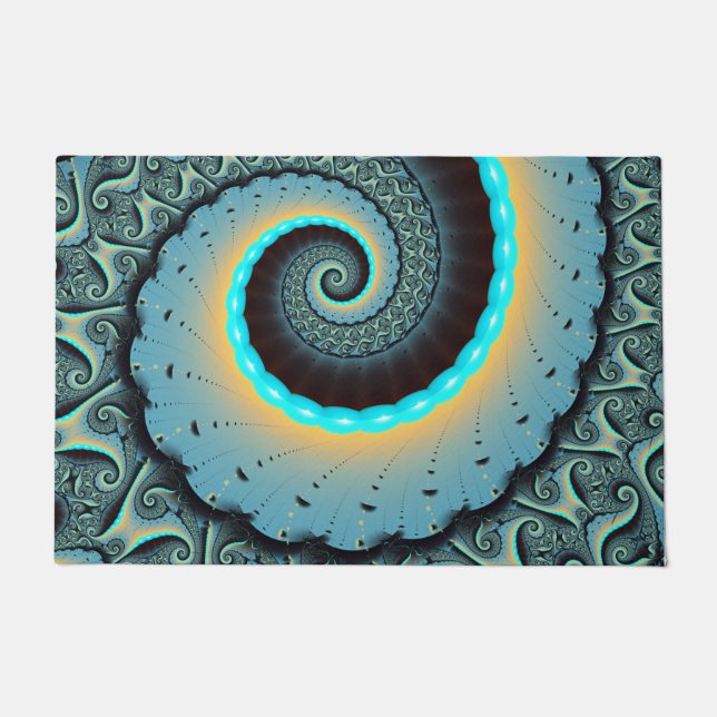 Abstract Blue Turquoise Orange Fractal Art Spiral Doormat (Front)