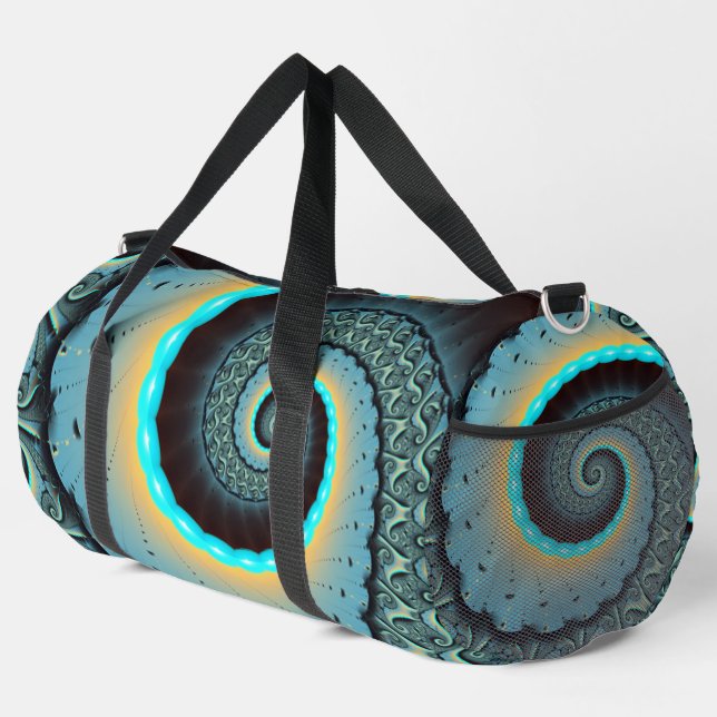 Abstract Blue Turquoise Orange Fractal Art Spiral Duffle Bag (Right Corner)