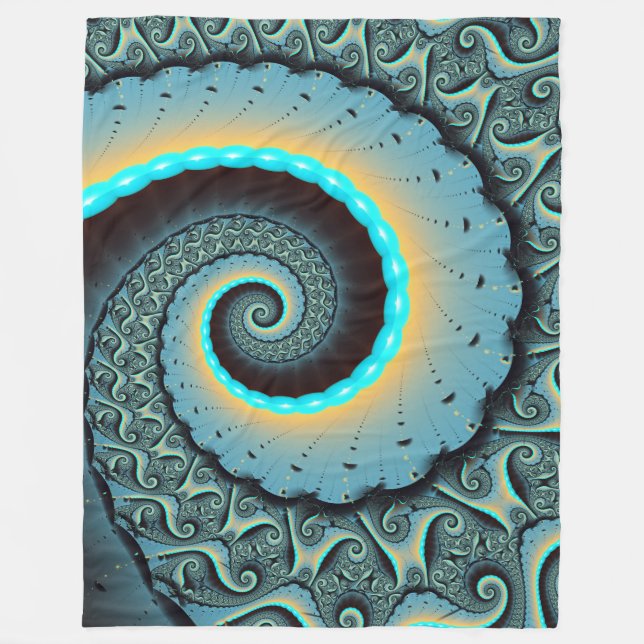 Abstract Blue Turquoise Orange Fractal Art Spiral Fleece Blanket (Front)