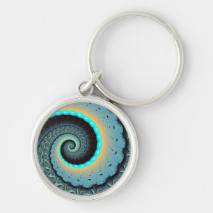 Abstract Blue Turquoise Orange Fractal Art Spiral Key Ring